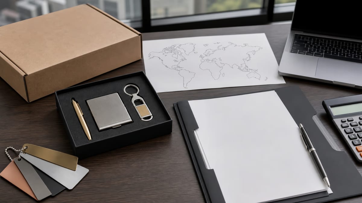 Custom metal gift feasibility review desk with samples, calculator, folder and project planning documents
