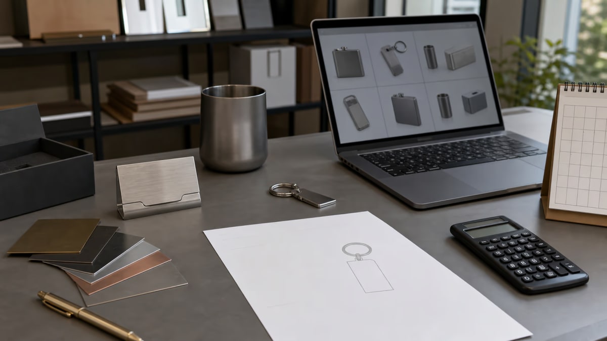 Custom metal gift project review desk with metal samples, packaging, calendar and sourcing notes
