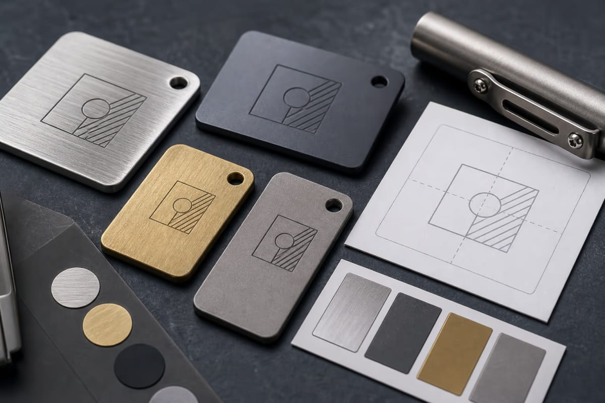 Metal samples with laser engraving marks and finish swatches for a custom metal gift branding review