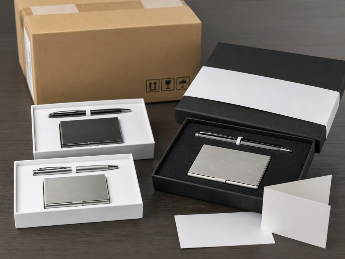 Custom metal gifts shown in simple packaging and a rigid gift box with fitted insert