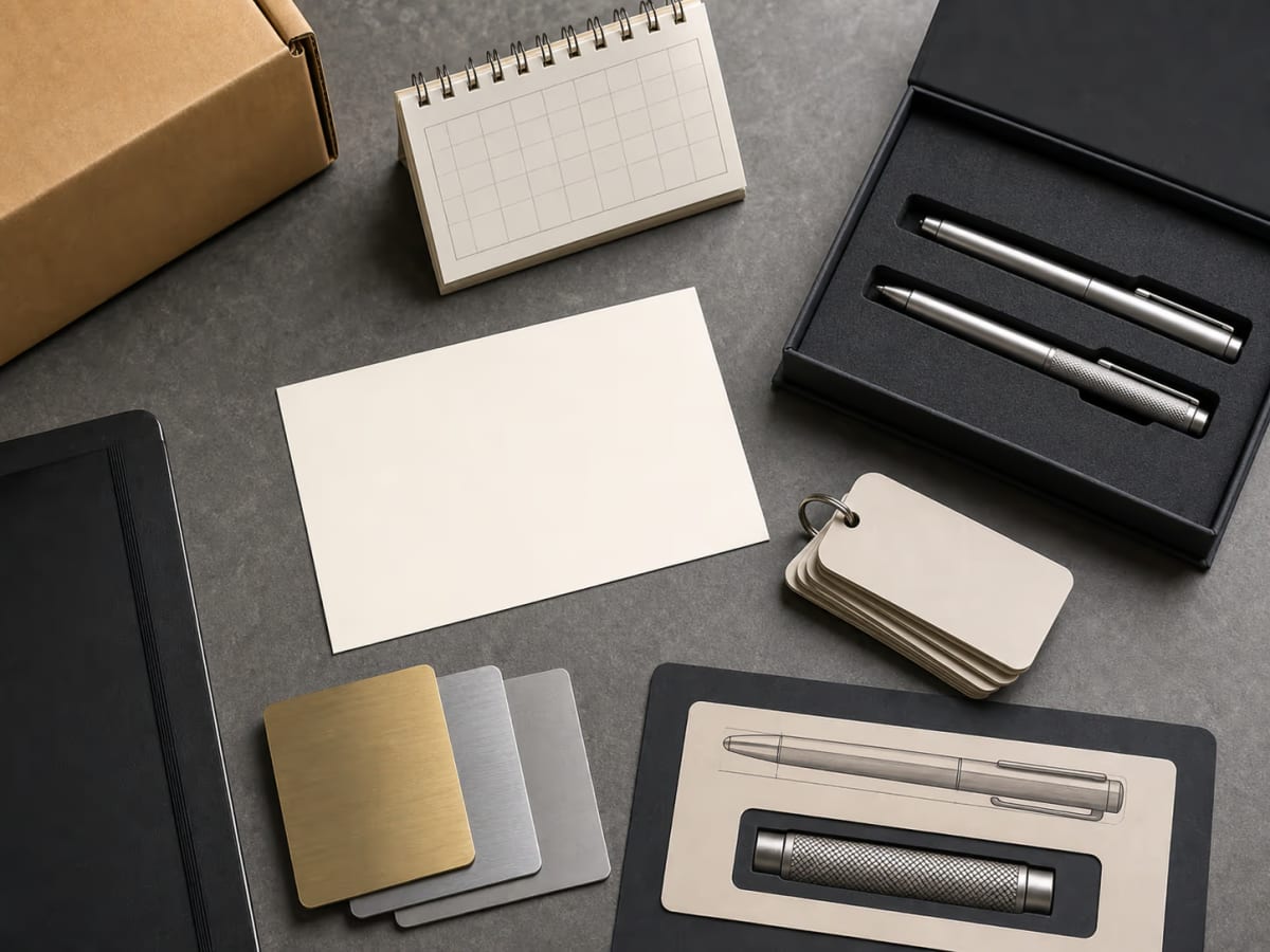 Rough custom gift idea organized with blank notes, metal finish samples, packaging and calendar
