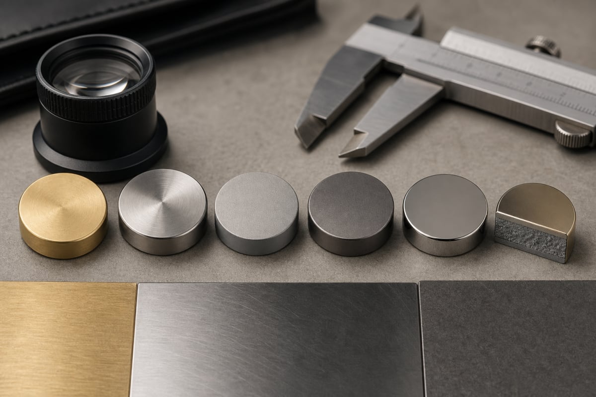 Metal material and surface samples beside calipers and a magnifying loupe for buyer-side material review