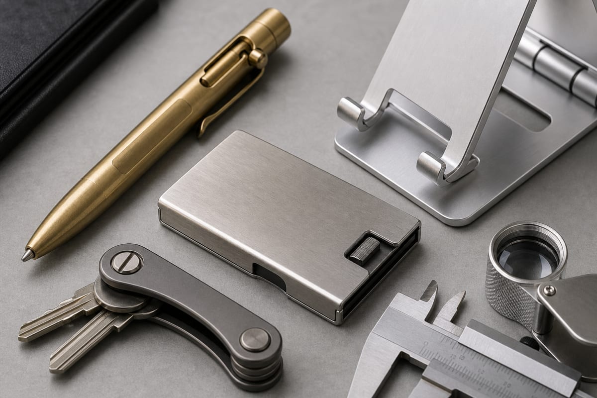 Close-up of metal corporate gift samples including brass pen, card case, folding stand, key organizer and calipers for edge, logo and mechanism inspection