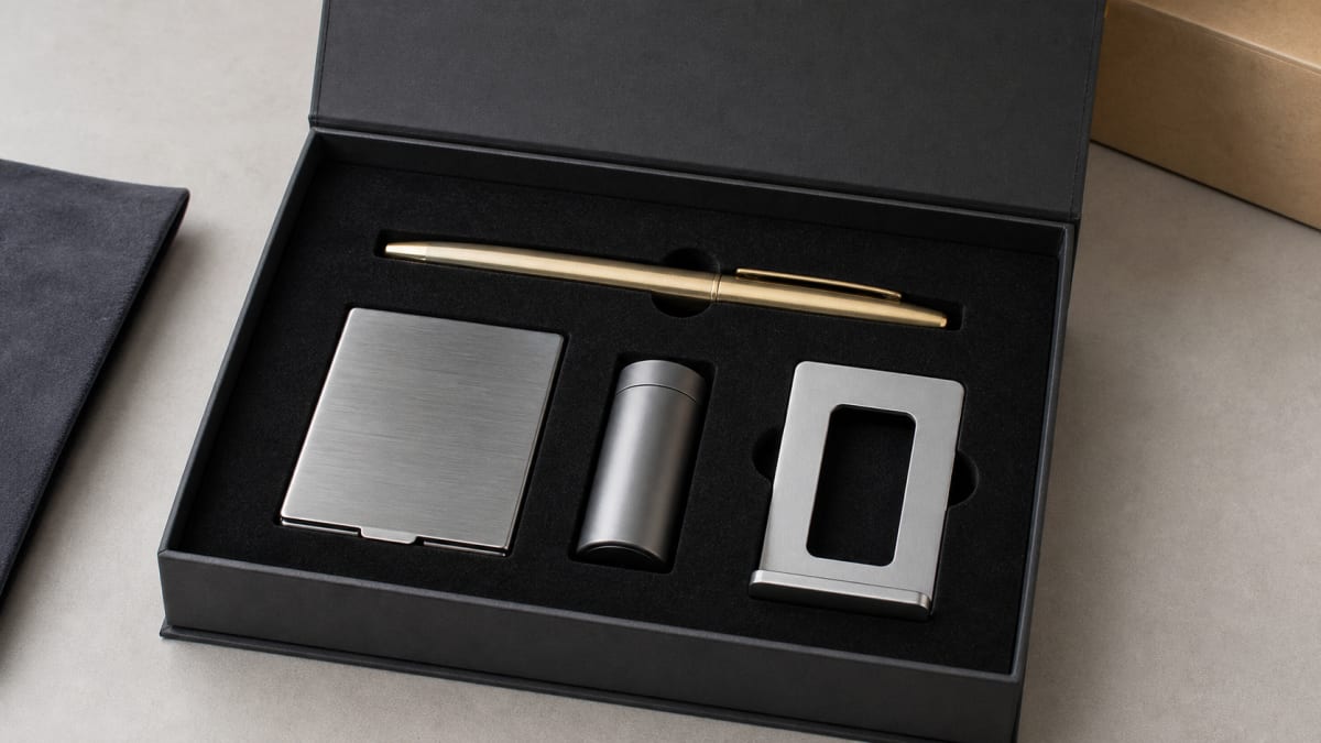 Open rigid gift box with separated metal gift items held in a fitted protective insert