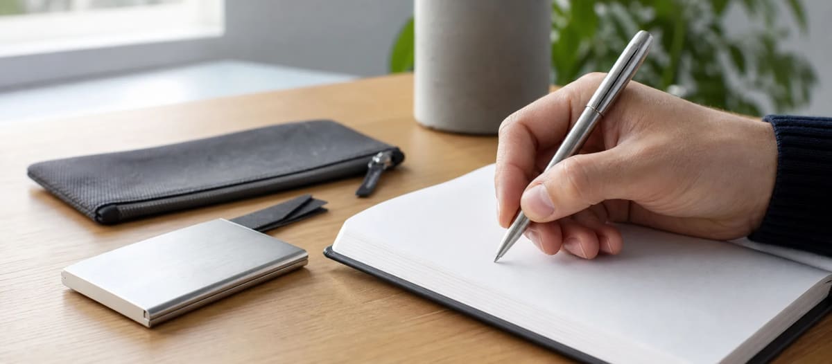 Brushed metal pen in daily use with a notebook, card case and pouch on an office desk