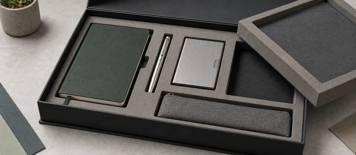 Open corporate gift box with metal items separated in fitted protective compartments