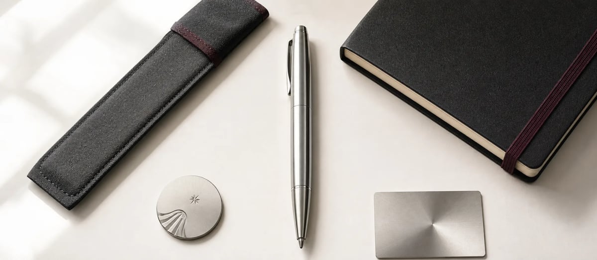 Metal pen arranged as the anchor piece with supporting notebook, pouch, symbolic token and finish sample