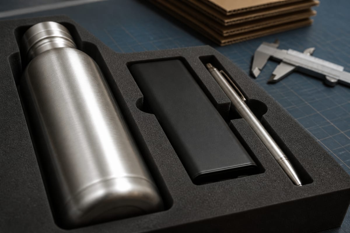 Brushed metal products seated in protective foam beside corrugated-board samples and a caliper