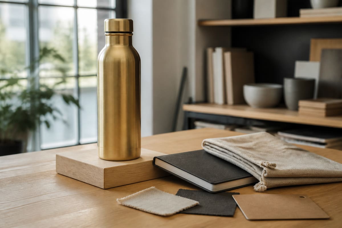 Brass insulated bottle with a charcoal notebook, canvas pouch and material swatches in an office studio