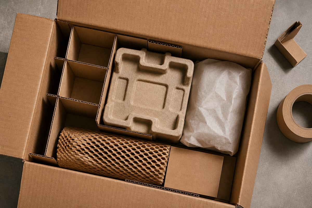 Open shipping carton with dividers, moulded pulp, paper wrap and honeycomb protective packaging