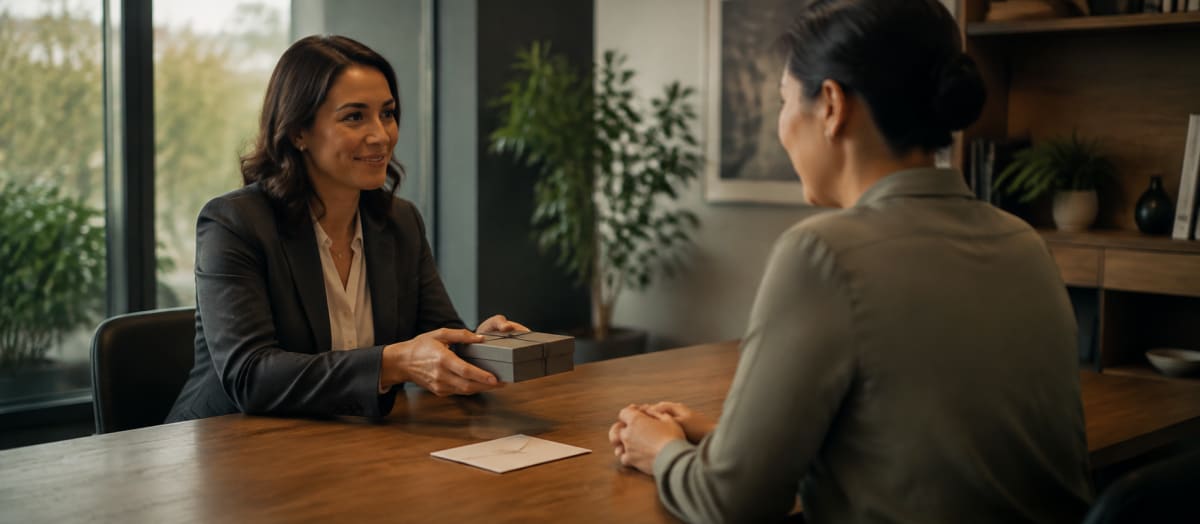 An HR manager presenting a gift box to an employee, with a gift card envelope on the table