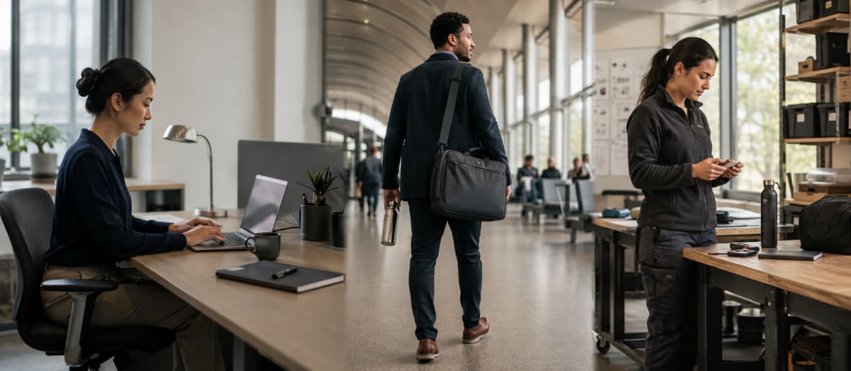Desk-based, travelling and field-based employees shown in their everyday working environments