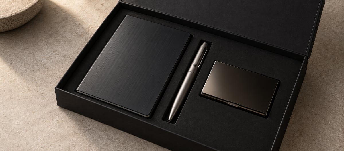 Open black corporate gift set showing a matte aluminium cover, dark reflective card case, natural titanium pen and soft-touch presentation box under one light