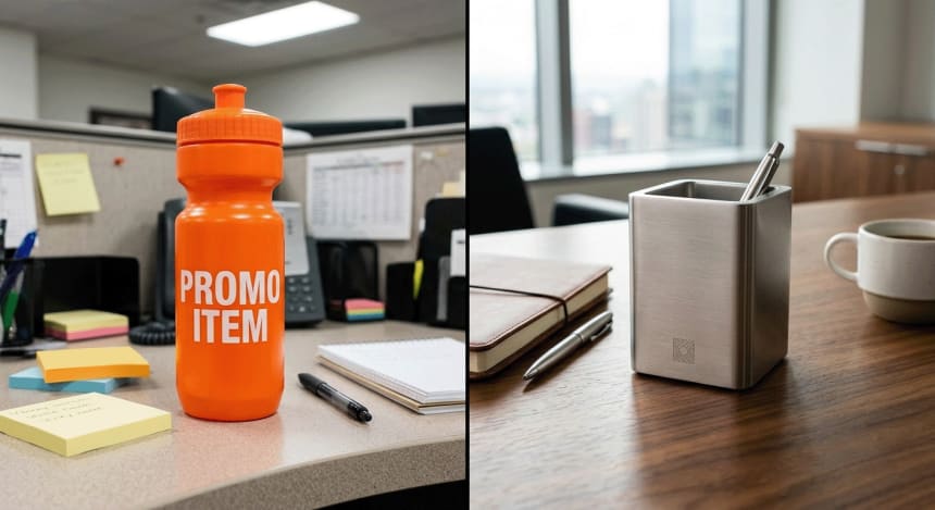 Comparison of a loud promotional gift beside a premium metal gift with a small subtle engraved logo