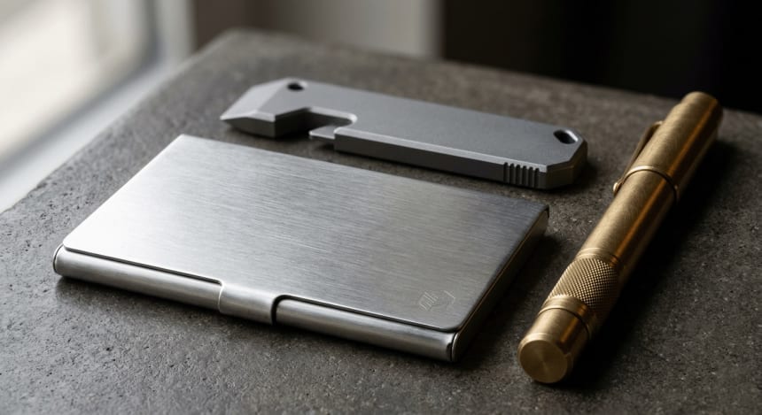 Close-up of brushed stainless steel brass and matte aluminum gifts with subtle laser engraved marks