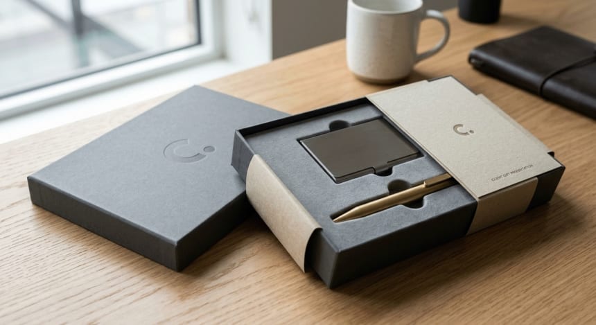 Premium corporate gift box with subtle branding on packaging and a nearly logo-free metal gift inside