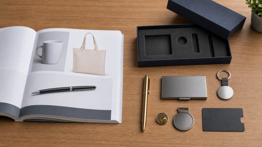 Standard catalogue products beside custom metal gift project components