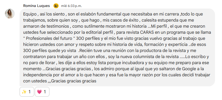 Message from Romina Luques &mdash; CARAS Magazine selected her among 300 professionals