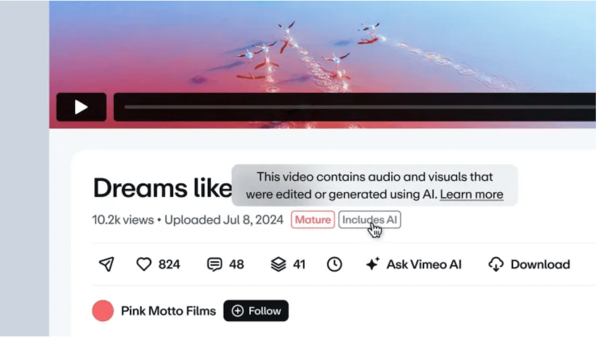 Cover Image for Vimeo se une a YouTube y TikTok en presentar nuevas etiquetas de contenido AI.