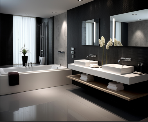 Bagno moderno completo con doccia walk-in in vetro, piastrelle effetto marmo, sanitari sospesi e riscaldamento a pavimento