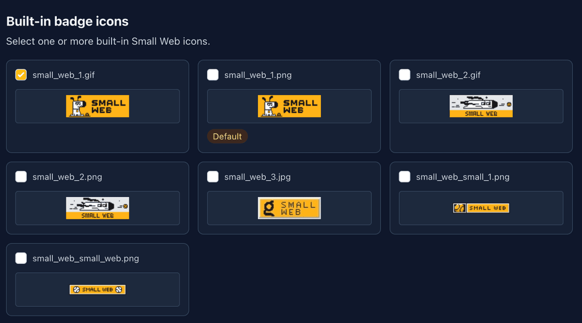 Scribblesの設定画面。「Built-in badge icons」として7種類のSmall Webピクセルアートバッジが並んでおり、チェックボックスで選択できるようになっている。