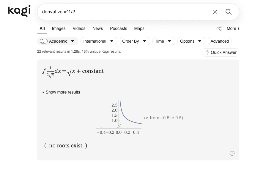 Kagiで「derivative x ^ 1/2」と検索した結果。Wolfram|Alphaウィジェットで積分の解やグラフがリッチに表示されている。