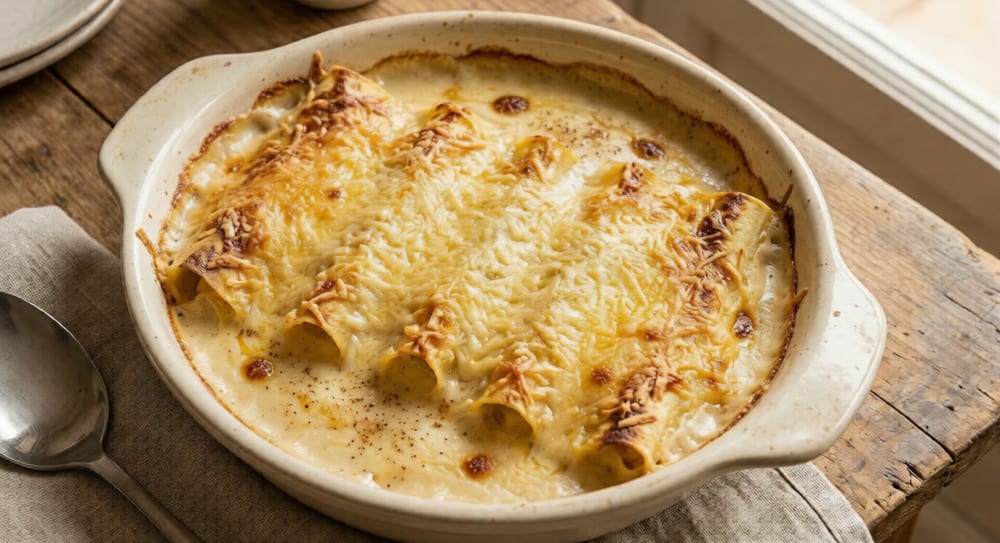 Canelones de Pollo en Salsa Bechamel.