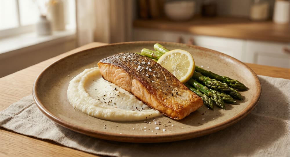 Salmón a la Plancha con Espárragos y Puré de Coliflor.