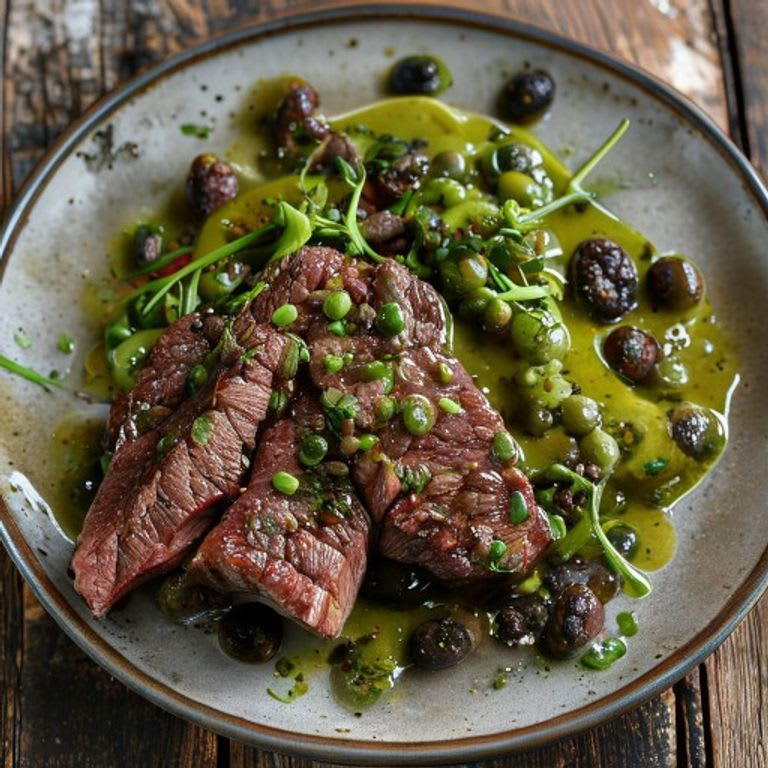 Bistec de Res en Salsa Verde con Habas Tiernas