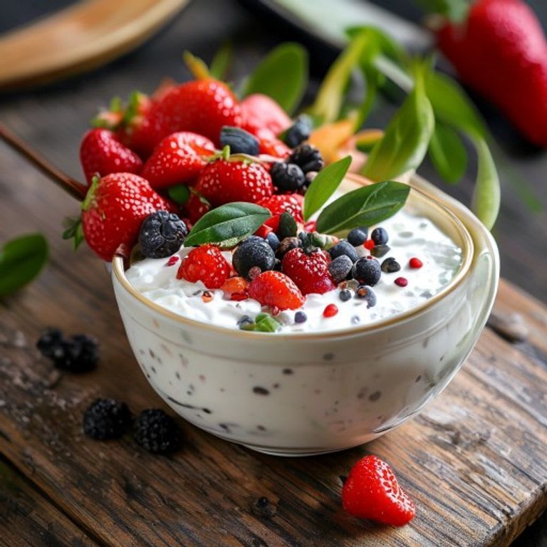 Yogur natural con amaranto inflado y fresas