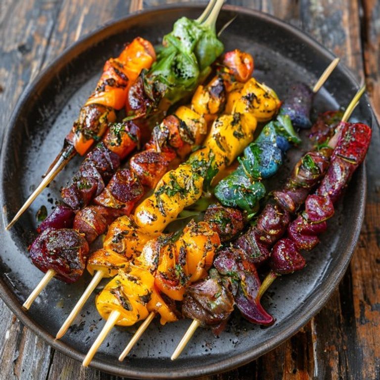 Brochetas de verduras arcoíris a la parrilla