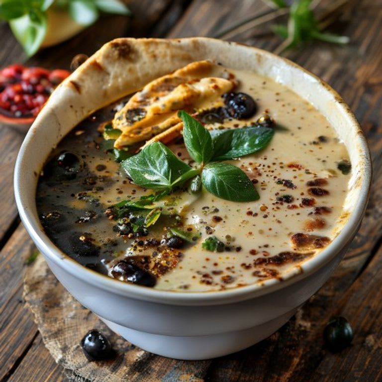 Crema de frijol negro con tortilla horneada