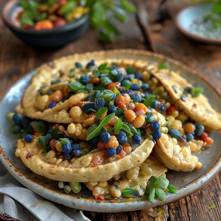 Tlacoyos de masa azul rellenos de haba al comal