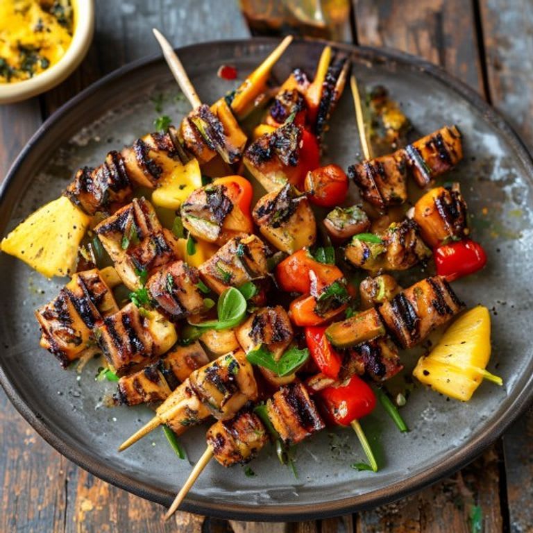 Brochetas de pollo con piña y pimientos a la plancha