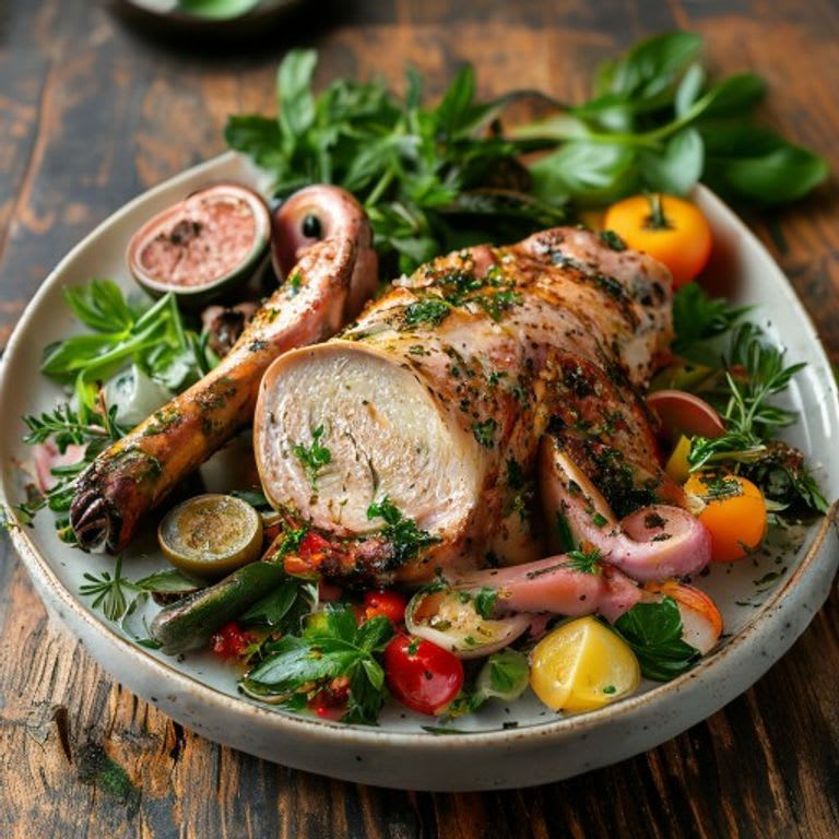 Pavo al horno con hierbas de olor y verduras