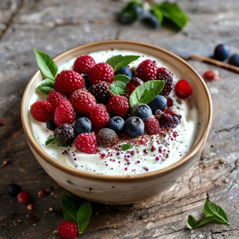 Yogur griego con frutos rojos y nibs de cacao