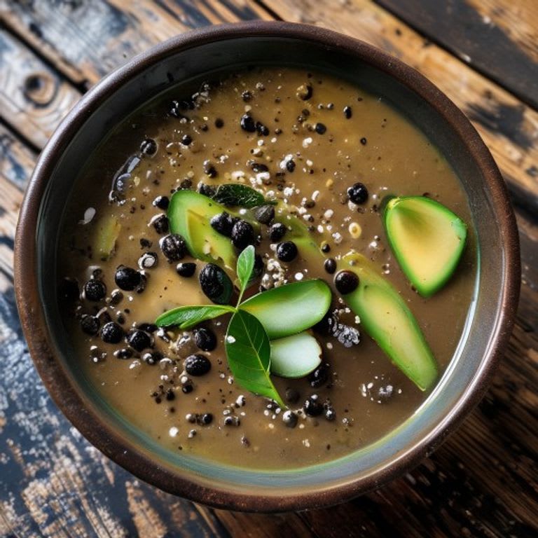 Sopa de frijol negro con hoja de aguacate