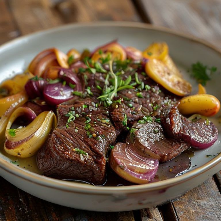 Bistec de Res Magro con Abundante Cebolla Asada