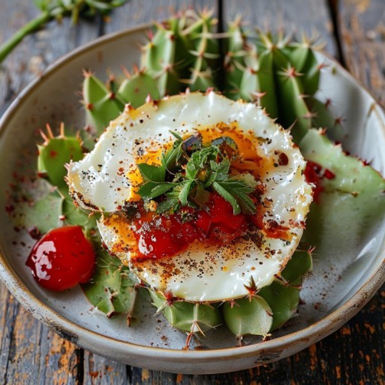Huevo poché sobre cama de nopales y salsa roja