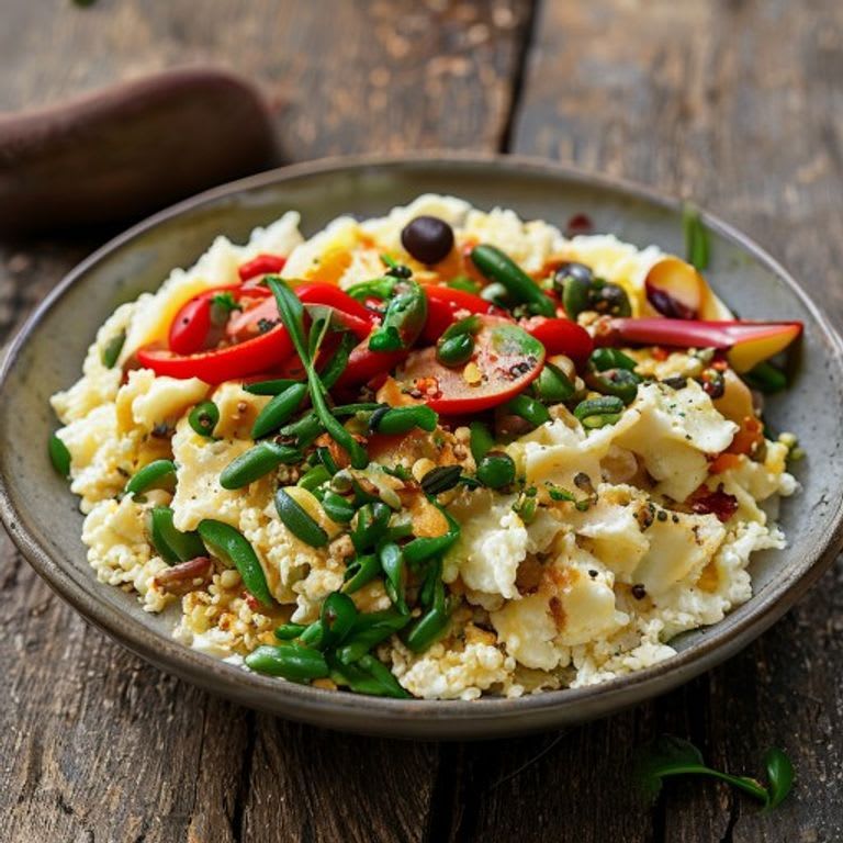 Huevos con ejotes asados y salsa de chile de árbol