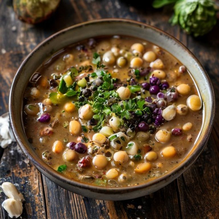 Sopa de garbanzo con trozos de chayote y ajo