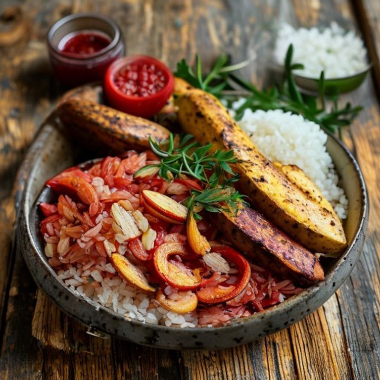 Arroz rojo con trozos de plátano macho asado
