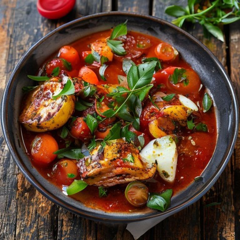 Pollo entomatado con papas y chiles serranos