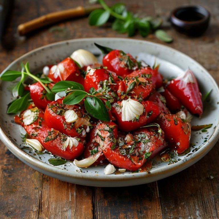 Pimientos asados con ajo laminado y orégano