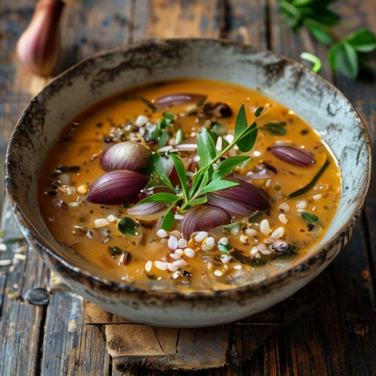 Sopa de frijol bayo con epazote y cebolla
