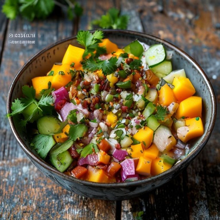Ceviche de lentejas con mango, pepino y cilantro