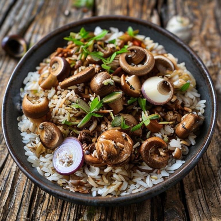 Arroz integral con champiñones y cebolla blanca