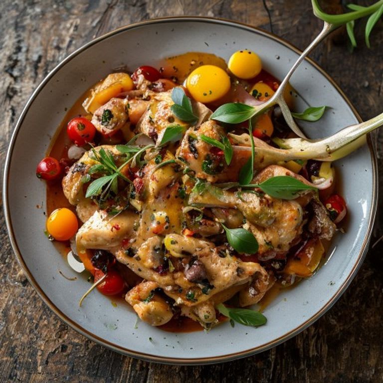 Pollo estilo cacciatore con tomate y aceitunas