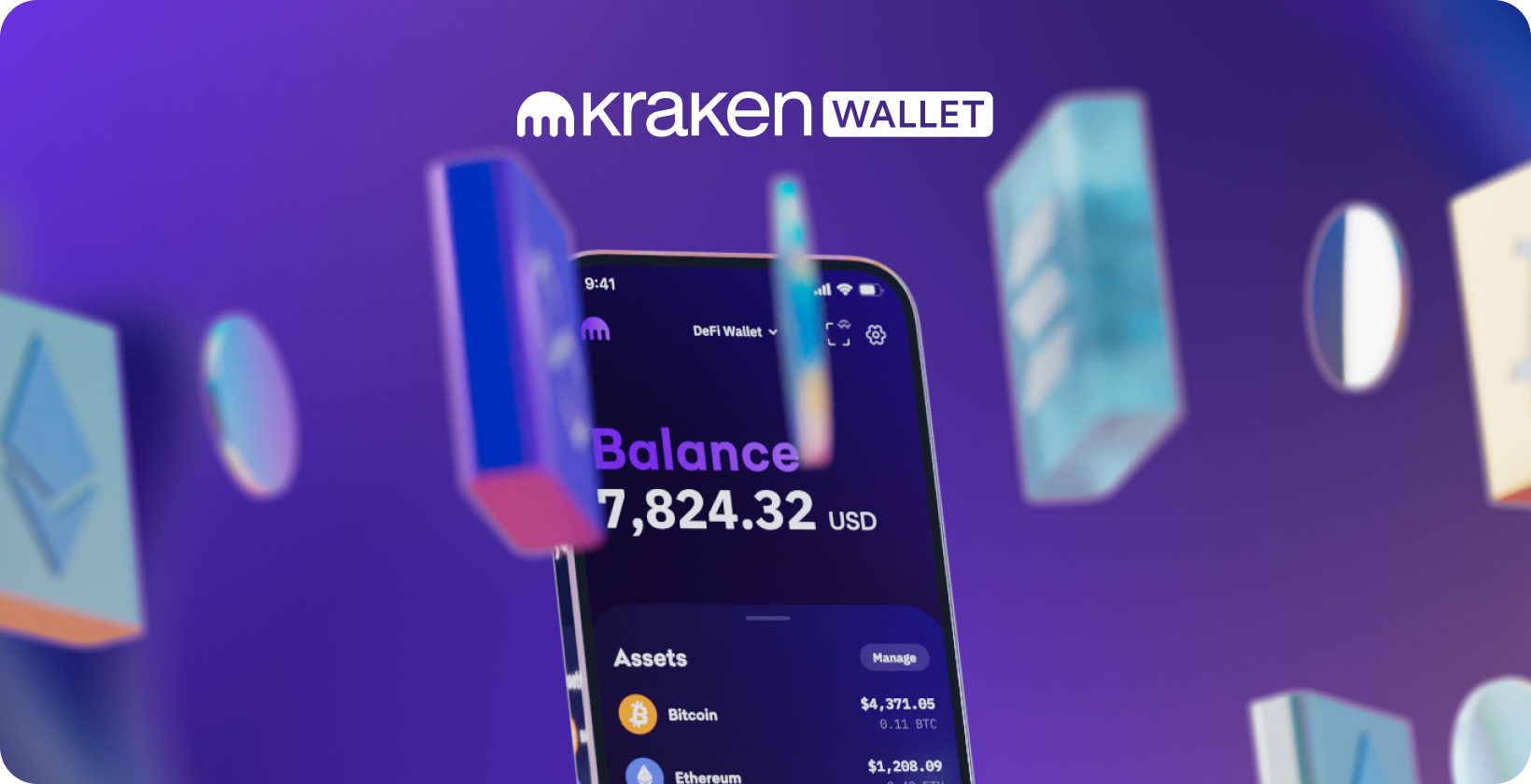 Kraken Wallet app interface showing crypto portfolio balance