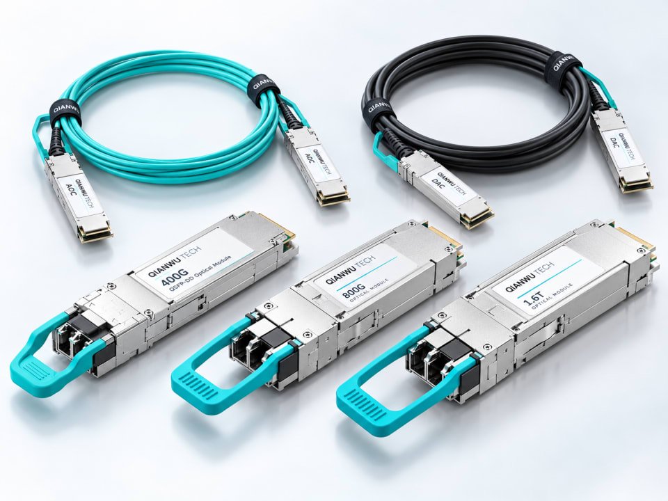 QIANWU 400G 800G 1.6T optics AOC and DAC — illustrated product lineup